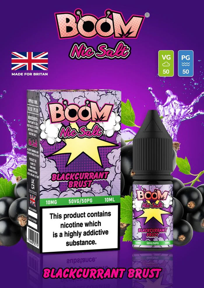 Blackcurrant Brust Boom Nic Salt E Liquid 10ml | 10mg & 20mg | 50/50 VG/PG