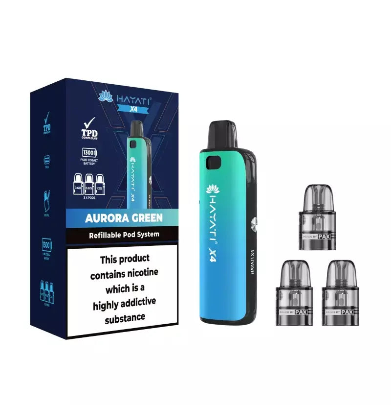 Aurora Green Hayati X4 Pod Vape Kit 1300mAh - 2ml Pods, 3x & 10ml Nic Salt