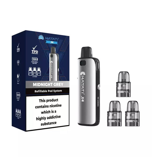 Midnight Grey Hayati X4 Pod Vape Kit 1300mAh - 2ml Pods, 3x & 10ml Nic Salt