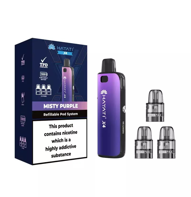 Misty Purple Hayati X4 Pod Vape Kit 1300mAh - 2ml Pods, 3x & 10ml Nic Salt