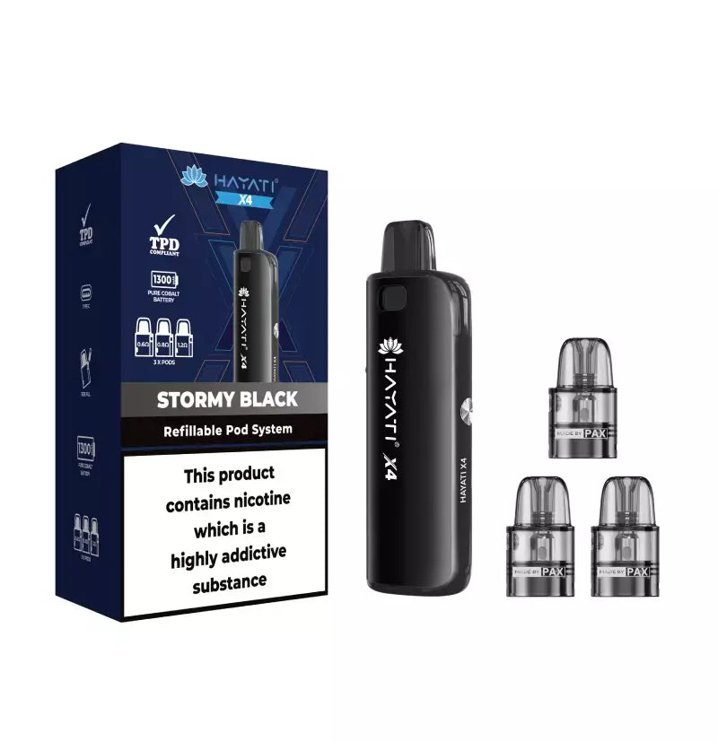 Stormy Black Hayati X4 Pod Vape Kit 1300mAh - 2ml Pods, 3x & 10ml Nic Salt