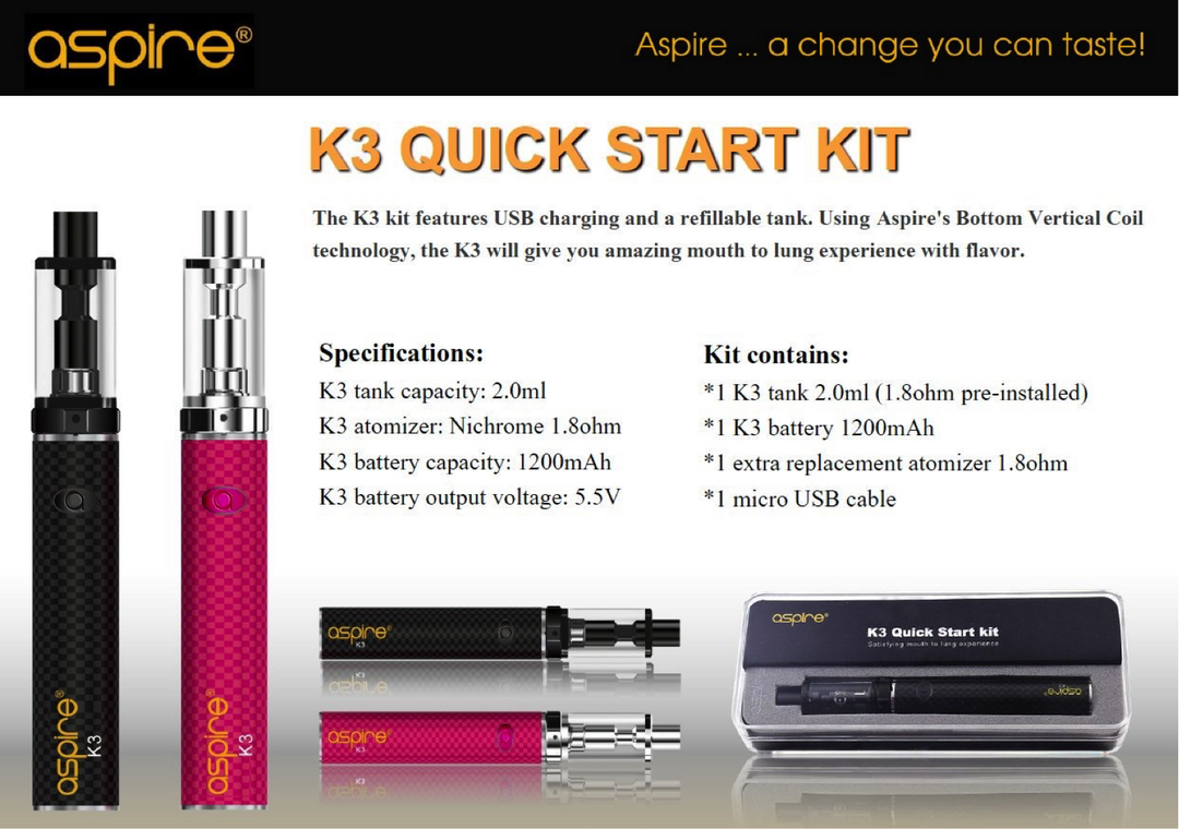 Genuine Aspire K3 Starter Vape Kit 1200mAh Battery 2ml Tank Capacity NEW