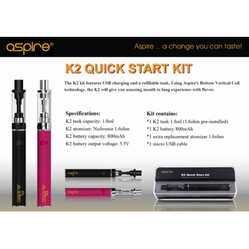 Aspire K2 18W Starter Kit 800mAh Battery Vape Pen Electronic Cigarette Kit